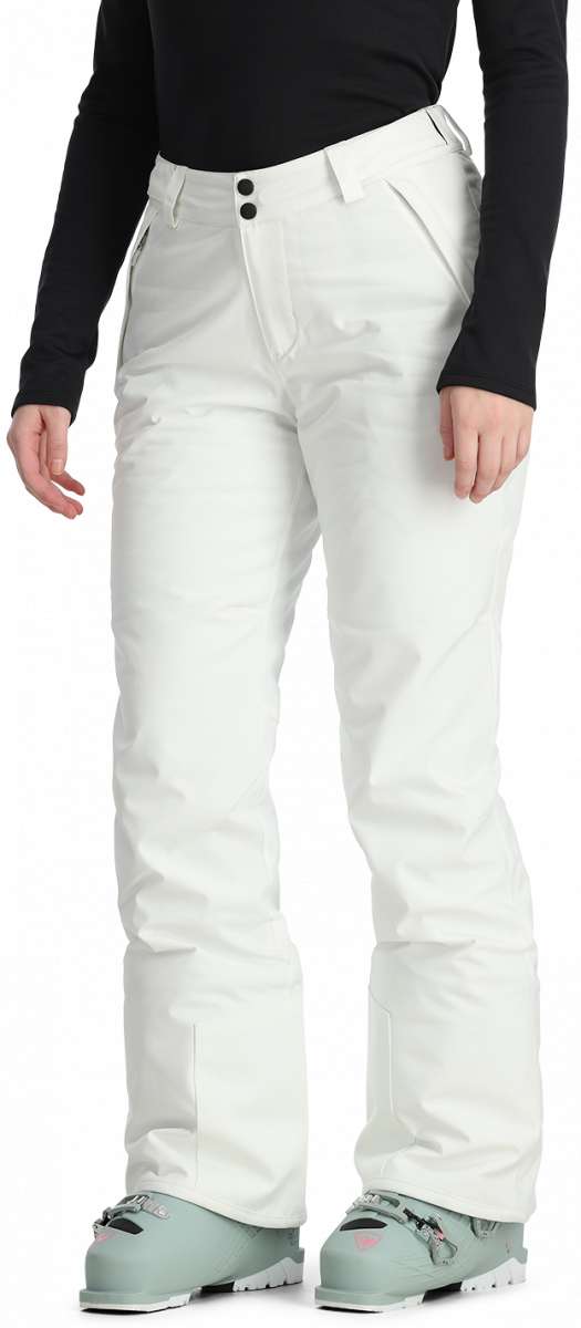 Spyder Women's Section Insulated Pant 2024 - White snow pants with black buttons on waistband and two zippered pockets at front.