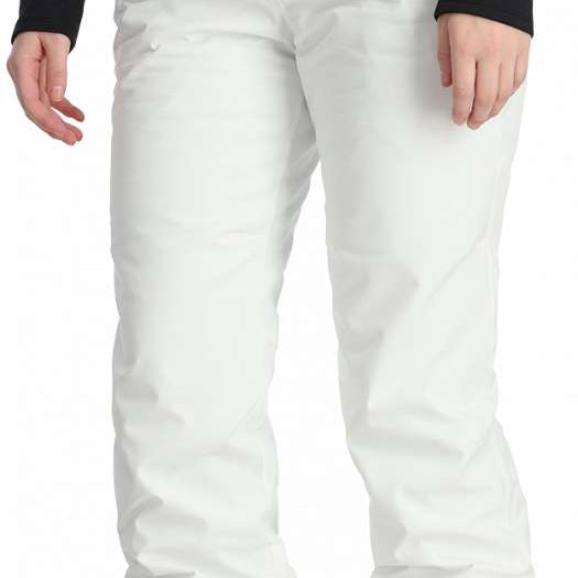 Spyder Women's Section Insulated Pant 2024 - White snow pants with black buttons on waistband and two zippered pockets at front.