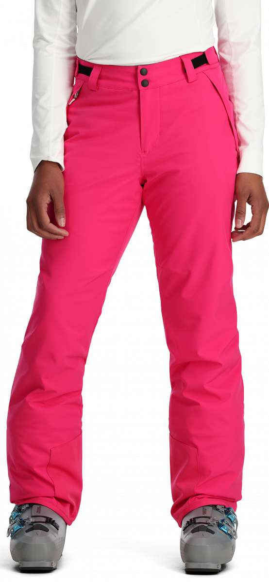 Spyder Women's Section Insulated Pant - Bright pink snow pants with black logo on left leg and zippered pockets.