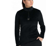 Spyder Ladies Shimmer Bug 1/2 Zip Turtle Neck 2024 - A black turtle neck with a zipper and a silver bug logo on the chest.