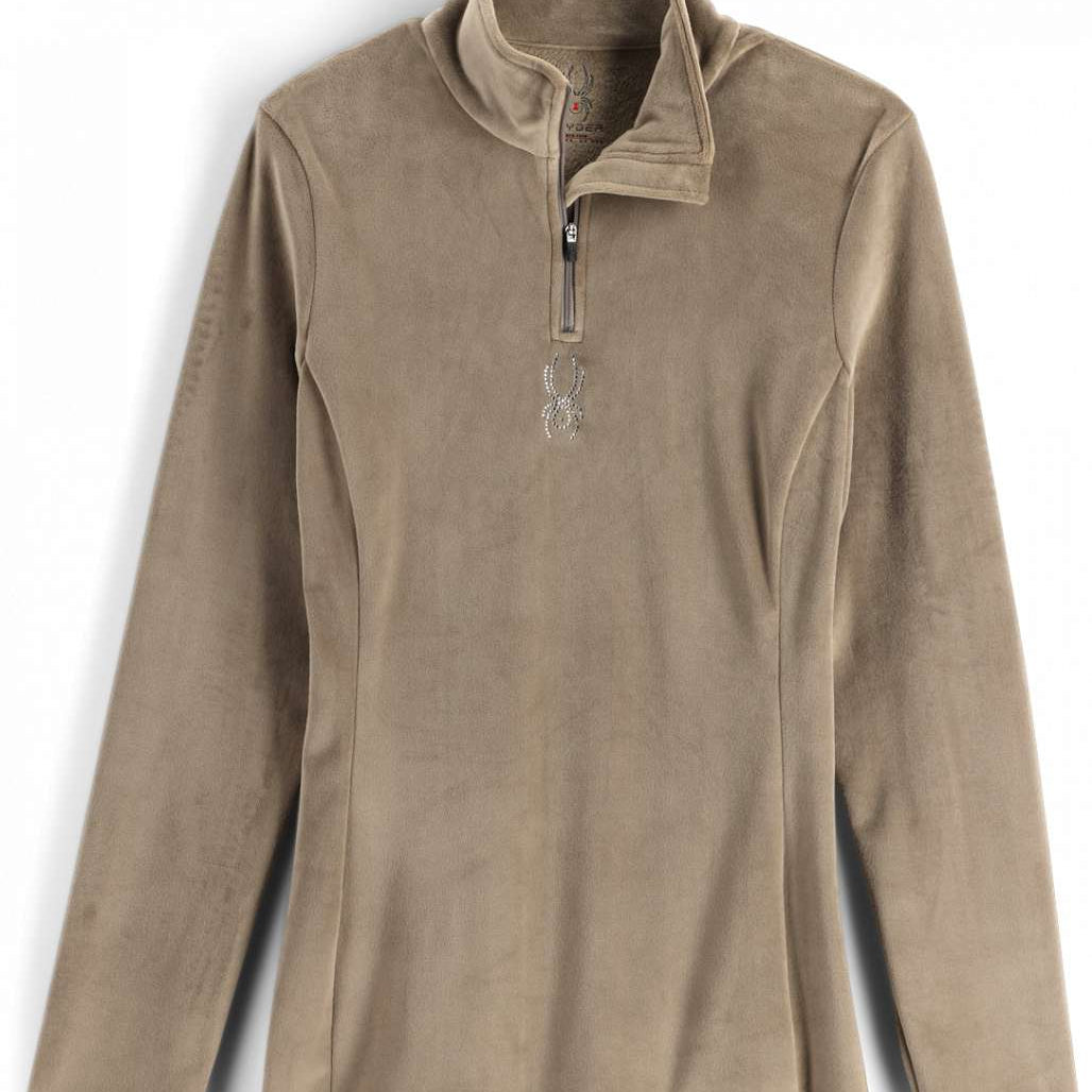 Spyder Ladies Shimmer Bug Fleece Zip Turtle Neck - A taupe-colored fleece zip turtle neck with a shimmer bug pattern on the chest and back.