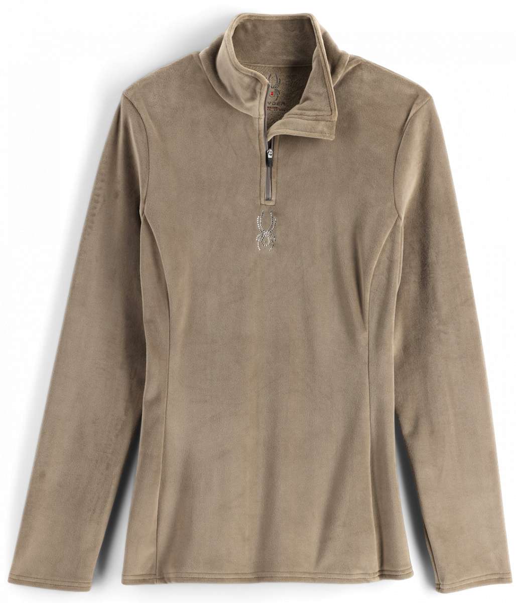 Spyder Ladies Shimmer Bug Fleece Zip Turtle Neck - A taupe-colored fleece zip turtle neck with a shimmer bug pattern on the chest and back.