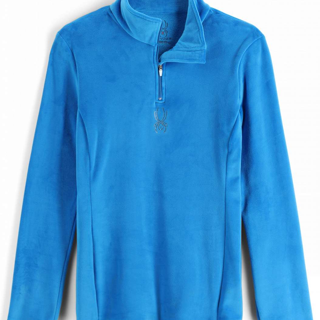 Spyder Ladies Shimmer Bug Fleece Zip Turtle Neck 2023 - A light blue turtle neck fleece with a zipper and a shimmer bug logo on the left chest.