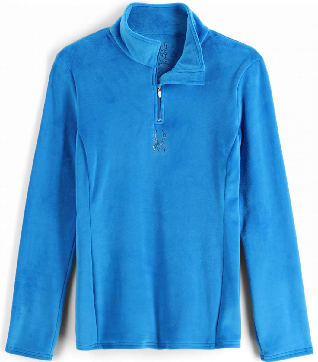 Spyder Ladies Shimmer Bug Fleece Zip Turtle Neck 2023 - A light blue turtle neck fleece with a zipper and a shimmer bug logo on the left chest.