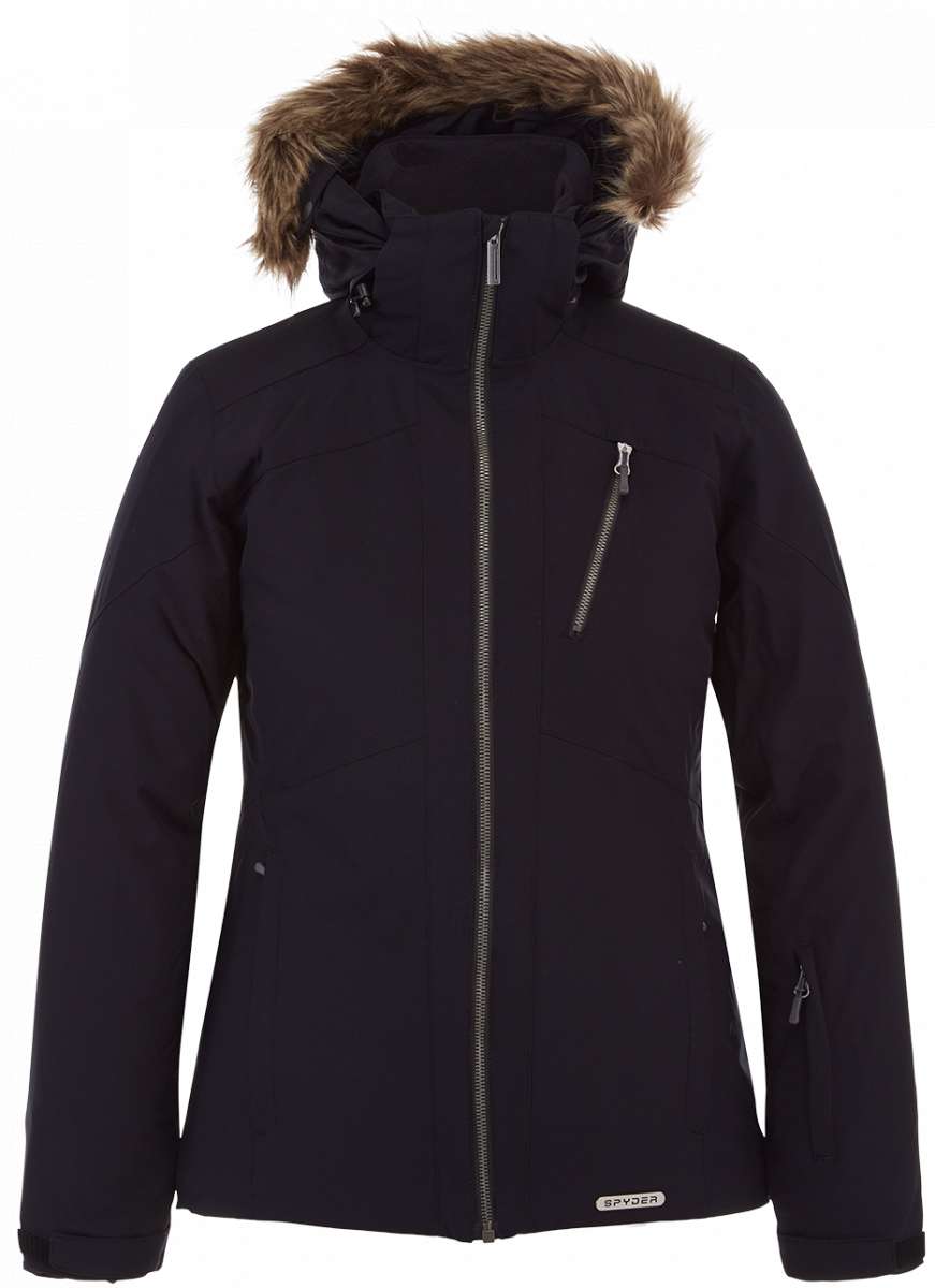 Spyder Ladies Skyline Insulated Jacket 2023 - A black jacket with a fur-lined hood and silver zippers.