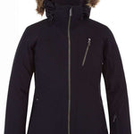 Spyder Ladies Skyline Insulated Jacket 2023 - A black jacket with a fur-lined hood and silver zippers.