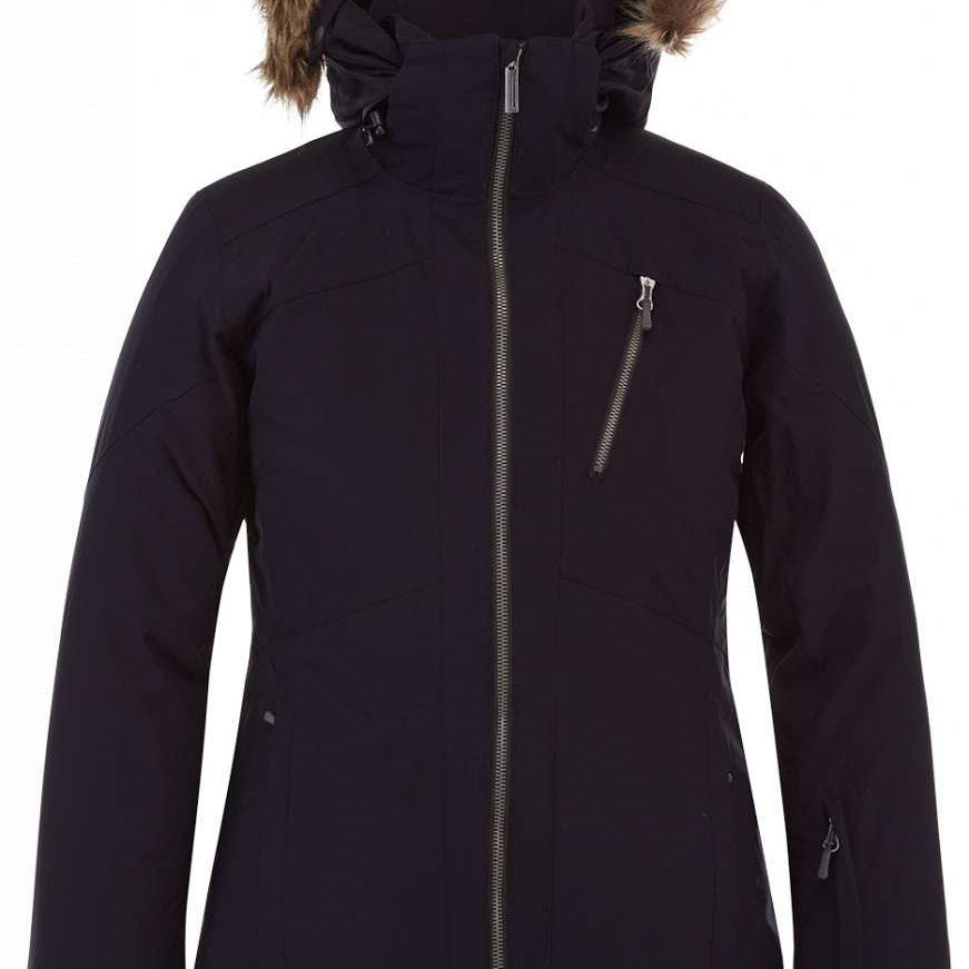 Spyder Ladies Skyline Insulated Jacket 2023 - A black jacket with a fur-lined hood and silver zippers.