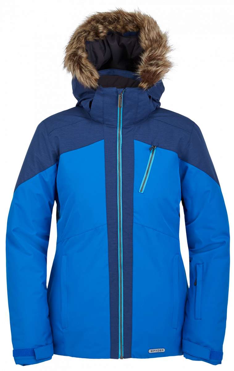 Spyder Ladies Skyline Insulated Jacket 2023 - A blue and black insulated jacket with a fur-lined hood, featuring a zipper closure and two zippered pockets on the front.