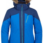 Spyder Ladies Skyline Insulated Jacket 2023 - A blue and black insulated jacket with a fur-lined hood, featuring a zipper closure and two zippered pockets on the front.