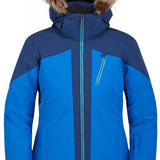 Spyder Ladies Skyline Insulated Jacket 2023 - A blue and black insulated jacket with a fur-lined hood, featuring a zipper closure and two zippered pockets on the front.