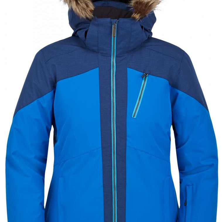 Spyder Ladies Skyline Insulated Jacket 2023 - A blue and black insulated jacket with a fur-lined hood, featuring a zipper closure and two zippered pockets on the front.