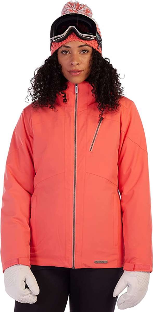 Spyder Ladies Skyline Insulated Jacket - A coral-colored jacket with a zippered chest pocket and silver zipper teeth.