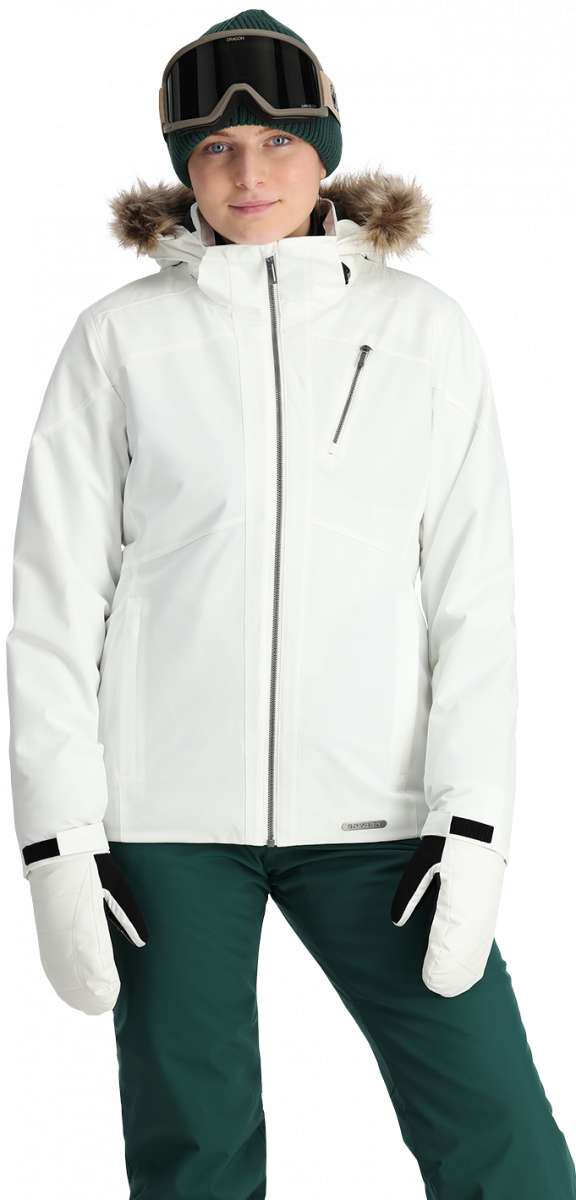 Spyder Ladies Skyline Insulated Jacket - A white jacket with a fur-lined hood and two zippered pockets on either side.