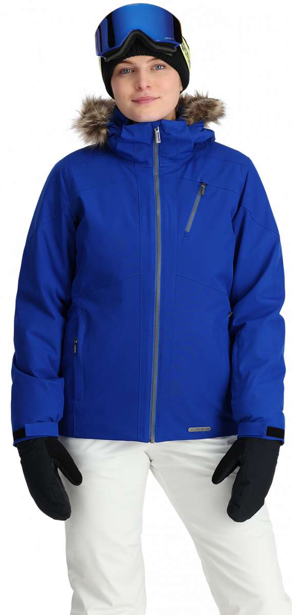 Spyder Ladies Skyline Insulated Jacket - A royal blue jacket with a fur-lined hood and two zippered pockets on the front.