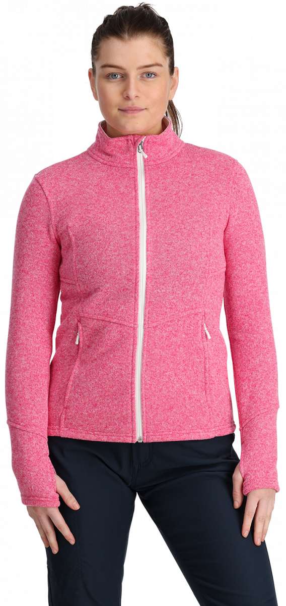 Spyder Ladies Soar Full Zip Fleece Jacket - A heathered pink fleece jacket with a white zipper and two zippered pockets on either side.