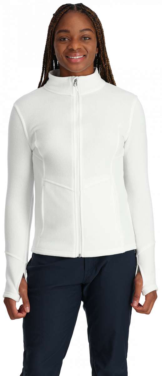 Spyder Ladies Soar Full Zip Fleece Jacket 2024 - A white fleece jacket with a high collar and silver zipper.