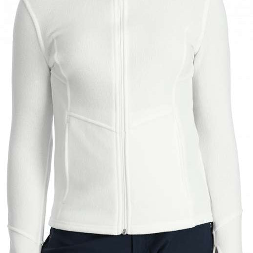 Spyder Ladies Soar Full Zip Fleece Jacket 2024 - A white fleece jacket with a high collar and silver zipper.