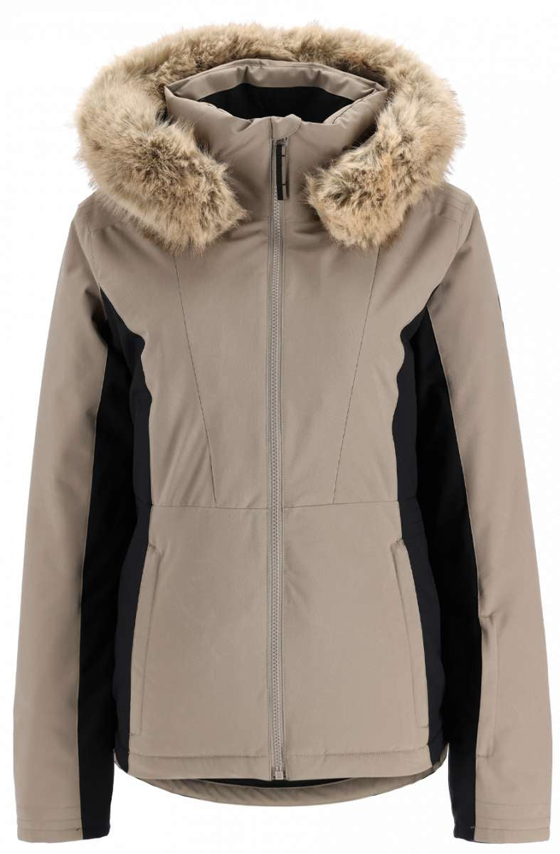 Spyder Ladies Vida Insulated Faux Fur Jacket 2023 - A tan jacket with a faux fur-lined hood and black accents on the sides.