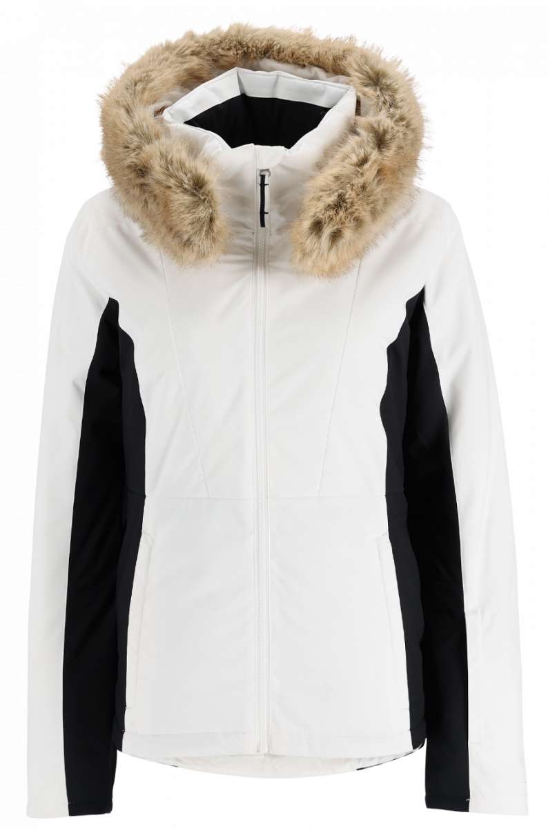 Spyder Ladies Vida Insulated Faux Fur Jacket 2023 - A white jacket with a faux fur-lined hood and black accents on the sides.