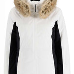 Spyder Ladies Vida Insulated Faux Fur Jacket 2023 - A white jacket with a faux fur-lined hood and black accents on the sides.