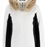 Spyder Ladies Vida Insulated Faux Fur Jacket 2023 - A white jacket with a faux fur-lined hood and black accents on the sides.