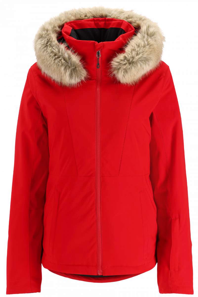 Spyder Ladies Vida Insulated Faux Fur Jacket 2023 - A red jacket with a faux fur-lined hood and two zippered pockets on either side.