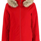 Spyder Ladies Vida Insulated Faux Fur Jacket 2023 - A red jacket with a faux fur-lined hood and two zippered pockets on either side.