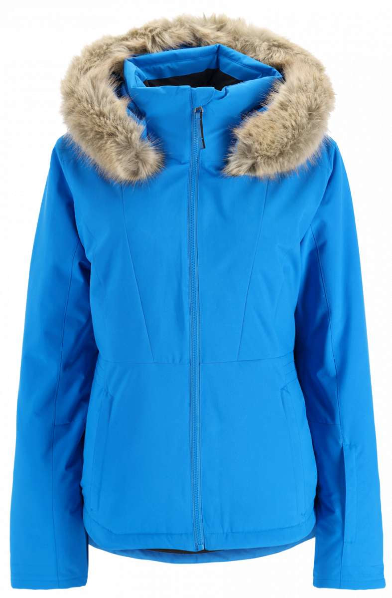 Spyder Ladies Vida Insulated Faux Fur Jacket 2023 - A blue jacket with a faux fur-lined hood and two zippered pockets on either side.