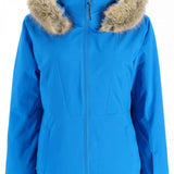 Spyder Ladies Vida Insulated Faux Fur Jacket 2023 - A blue jacket with a faux fur-lined hood and two zippered pockets on either side.