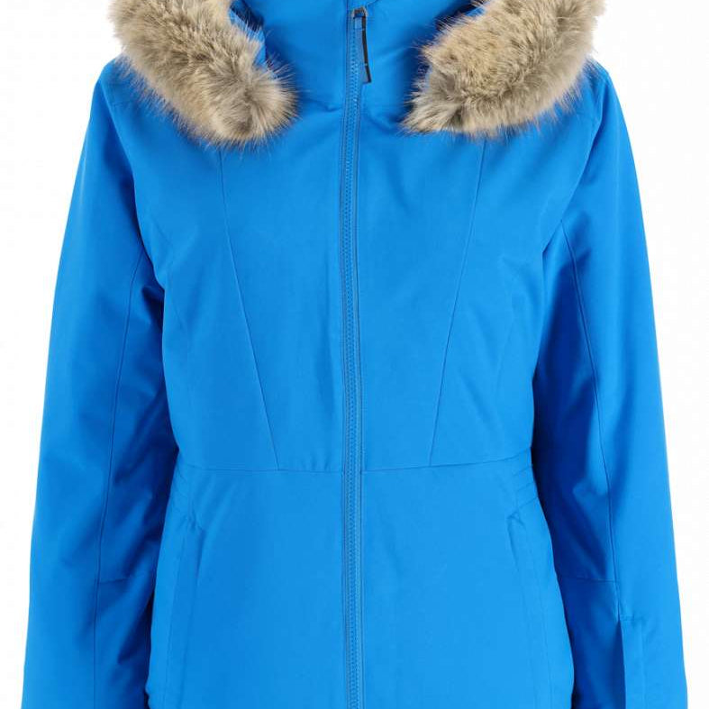 Spyder Ladies Vida Insulated Faux Fur Jacket 2023 - A blue jacket with a faux fur-lined hood and two zippered pockets on either side.