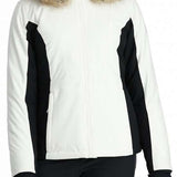 Spyder Ladies Vida Insulated Faux Fur Jacket 2024 - A white jacket with a faux fur-lined hood and black accents on the sleeves.