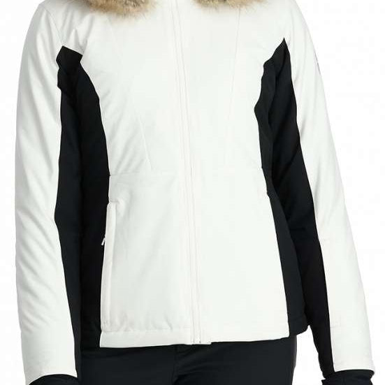 Spyder Ladies Vida Insulated Faux Fur Jacket 2024 - A white jacket with a faux fur-lined hood and black accents on the sleeves.