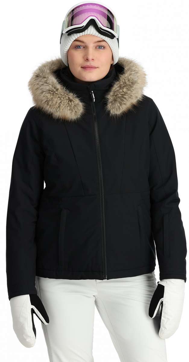 Spyder Ladies Vida Insulated Faux Fur Jacket 2024 - A black jacket with a large, fluffy, light-brown faux fur trim around the hood.