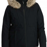 Spyder Ladies Vida Insulated Faux Fur Jacket 2024 - A black jacket with a large, fluffy, light-brown faux fur trim around the hood.