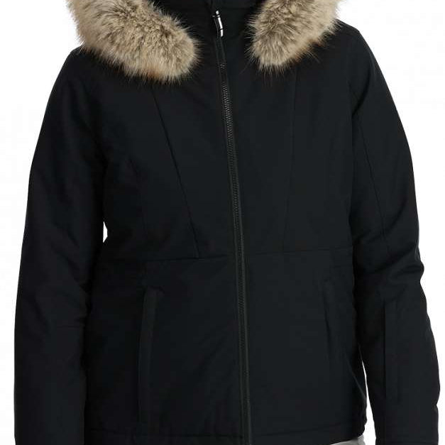 Spyder Ladies Vida Insulated Faux Fur Jacket 2024 - A black jacket with a large, fluffy, light-brown faux fur trim around the hood.