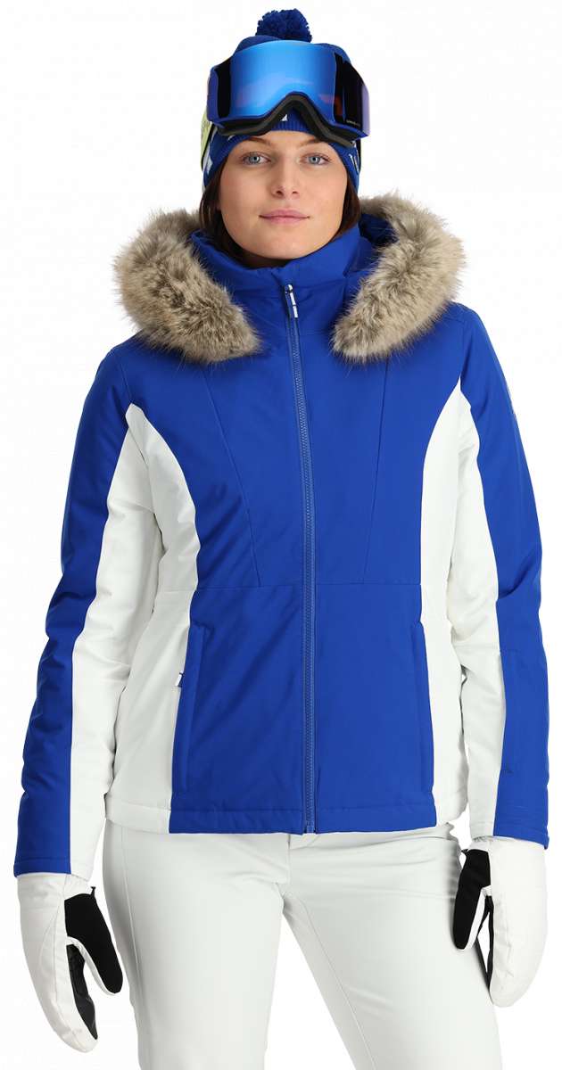 Spyder Ladies Vida Insulated Faux Fur Jacket 2024 - A royal blue jacket with a faux fur-lined hood and white accents on the sleeves.