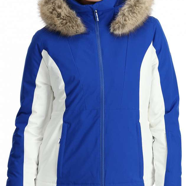 Spyder Ladies Vida Insulated Faux Fur Jacket 2024 - A royal blue jacket with a faux fur-lined hood and white accents on the sleeves.