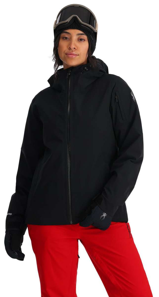 Spyder Ladies Volt GORE-TEX Jacket 2024 - A black jacket with a white logo on the left sleeve and a zipper down the front.
