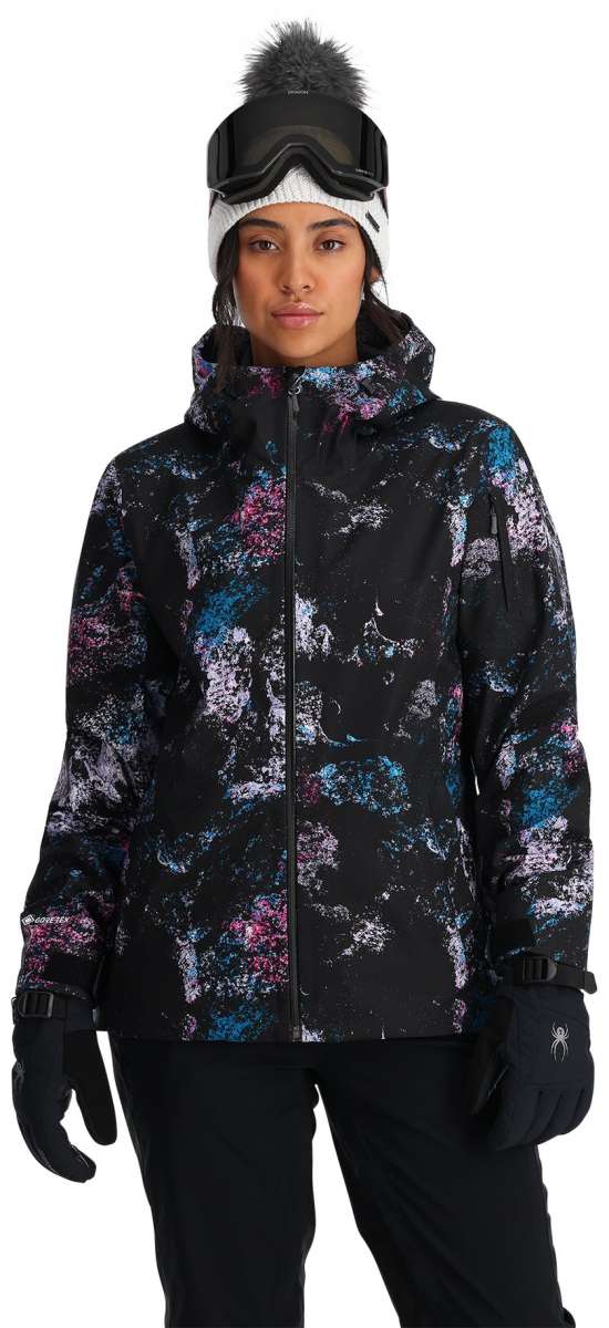 Spyder Ladies Volt GORE-TEX Jacket 2024 - Black jacket with white and blue abstract pattern on front, back, and hood.