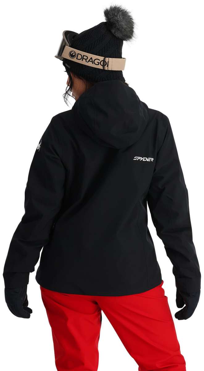 Spyder Ladies Volt GORE-TEX Jacket 2024 - A black jacket with a hood, featuring white lettering and logos on the left arm and back.
