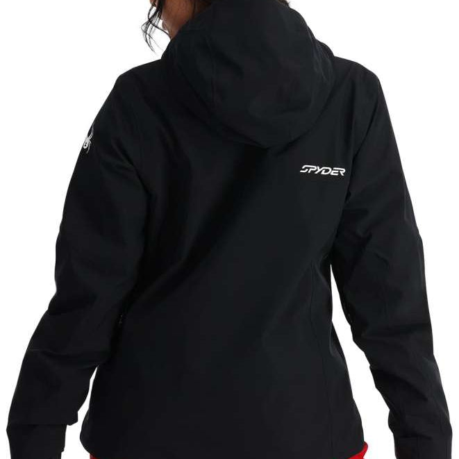 Spyder Ladies Volt GORE-TEX Jacket 2024 - A black jacket with a hood, featuring white lettering and logos on the left arm and back.