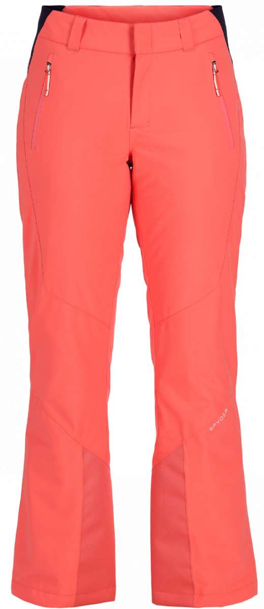 Spyder Ladies Winner GORE-TEX Insulated Pants 2023 - A pair of coral-colored pants with a black waistband and silver zippers on the side pockets.
