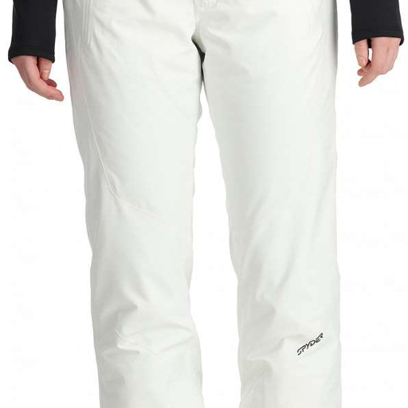 Spyder Women's Winner Insulated Pants 2024 - White pants with a black logo on the left thigh and two zippered pockets on the right side.