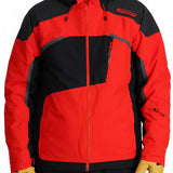 Spyder Leader Insulated Jacket 2024 - A red, black, and gray jacket with a hood, zippered pockets, and adjustable cuffs.