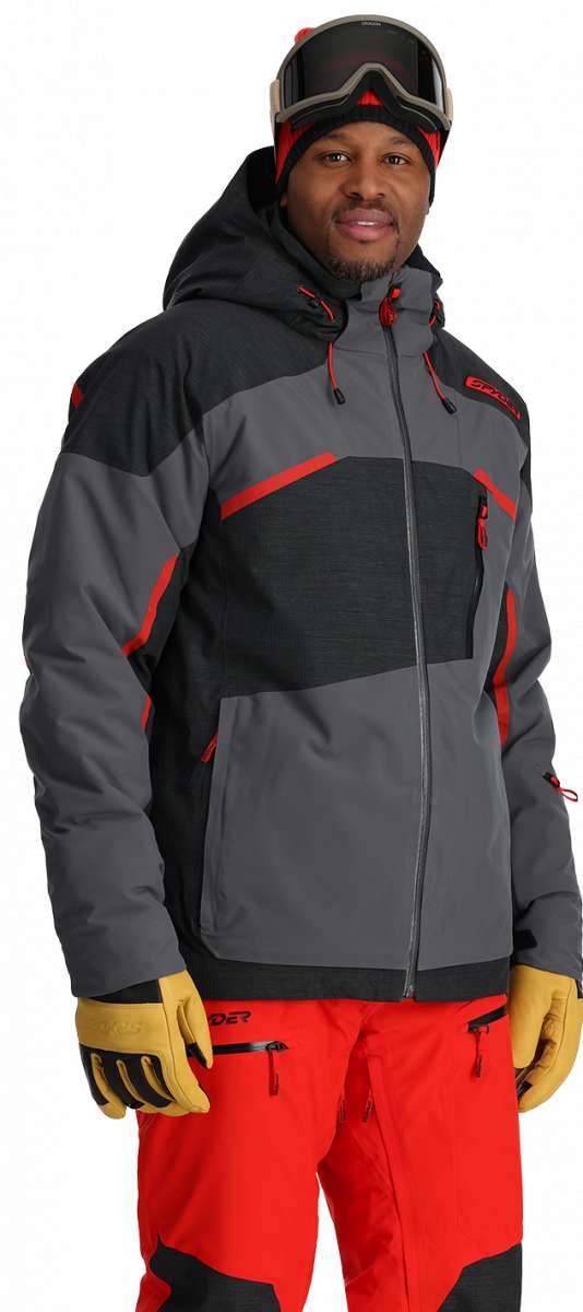 Spyder Leader Insulated Jacket - A black jacket with red accents, featuring a hood and zippered pockets.