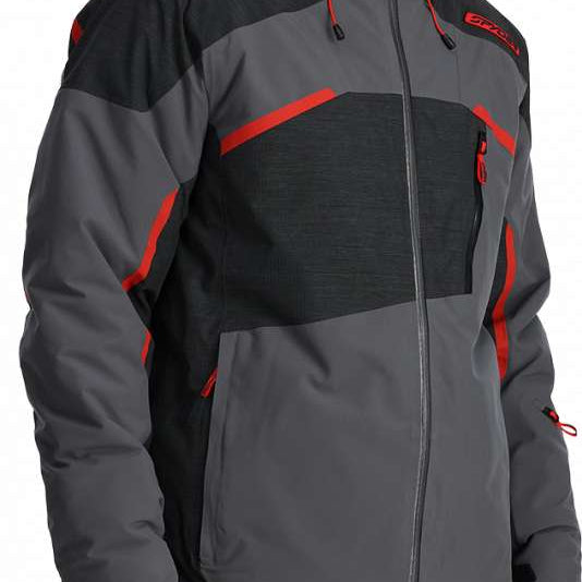 Spyder Leader Insulated Jacket - A black jacket with red accents, featuring a hood and zippered pockets.