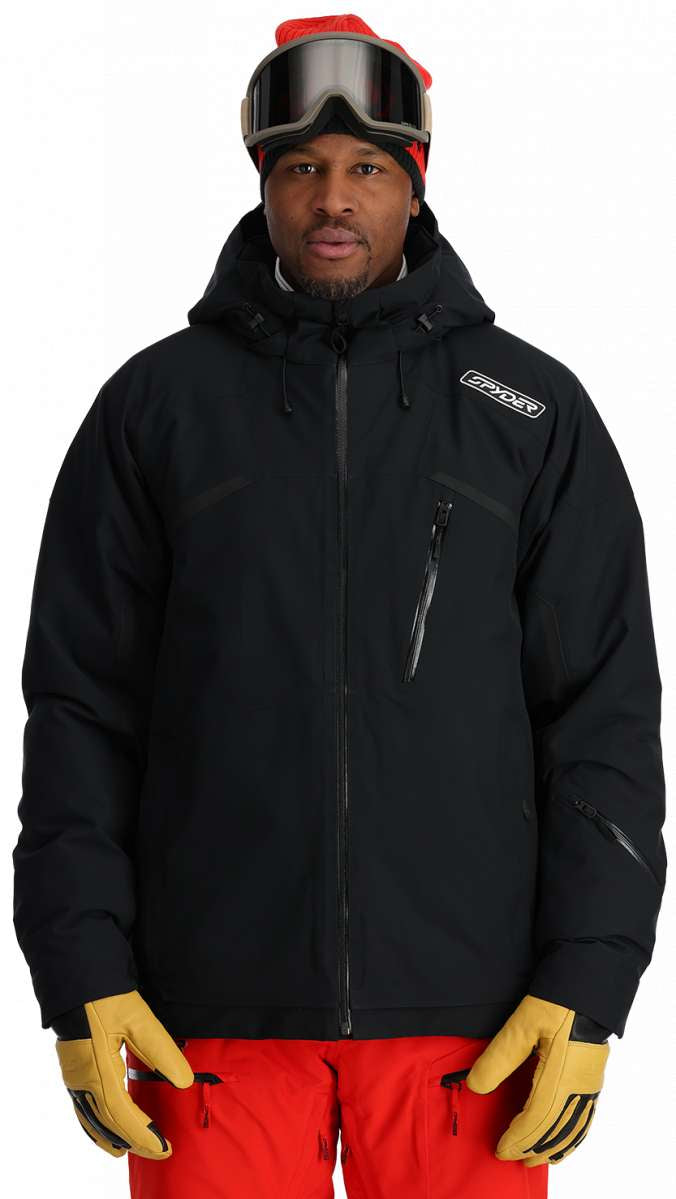 Spyder Leader Insulated Jacket 2024 - Black jacket with white logo on left chest and black zipper.