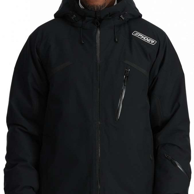 Spyder Leader Insulated Jacket 2024 - Black jacket with white logo on left chest and black zipper.