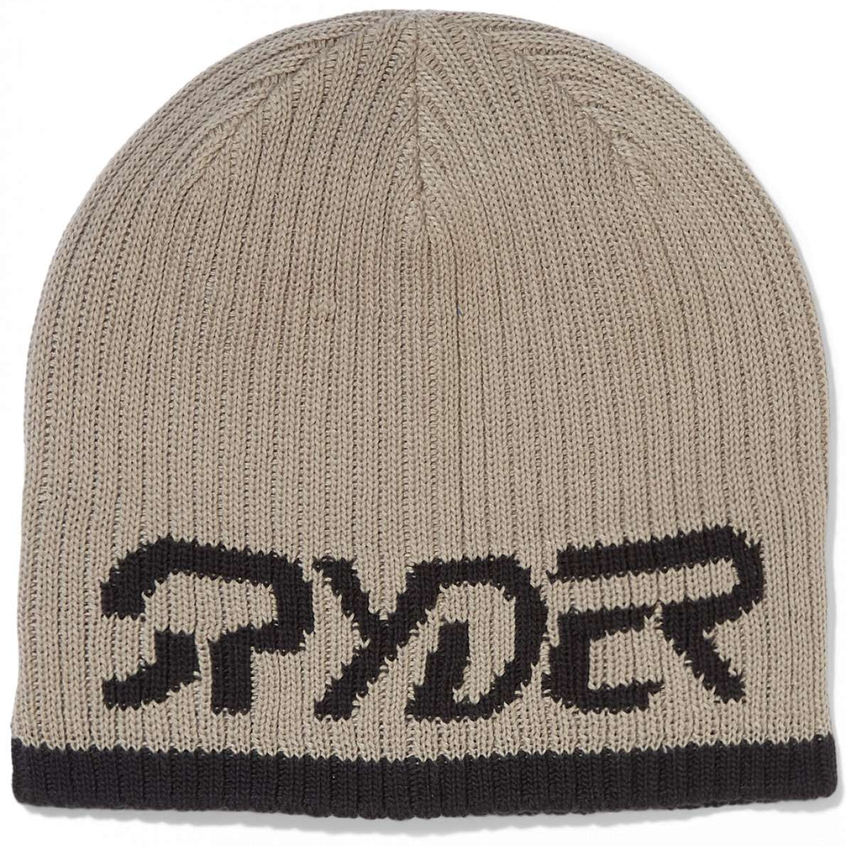Spyder Logo Hat 2024 - A tan beanie with a black Spyder logo on the front.