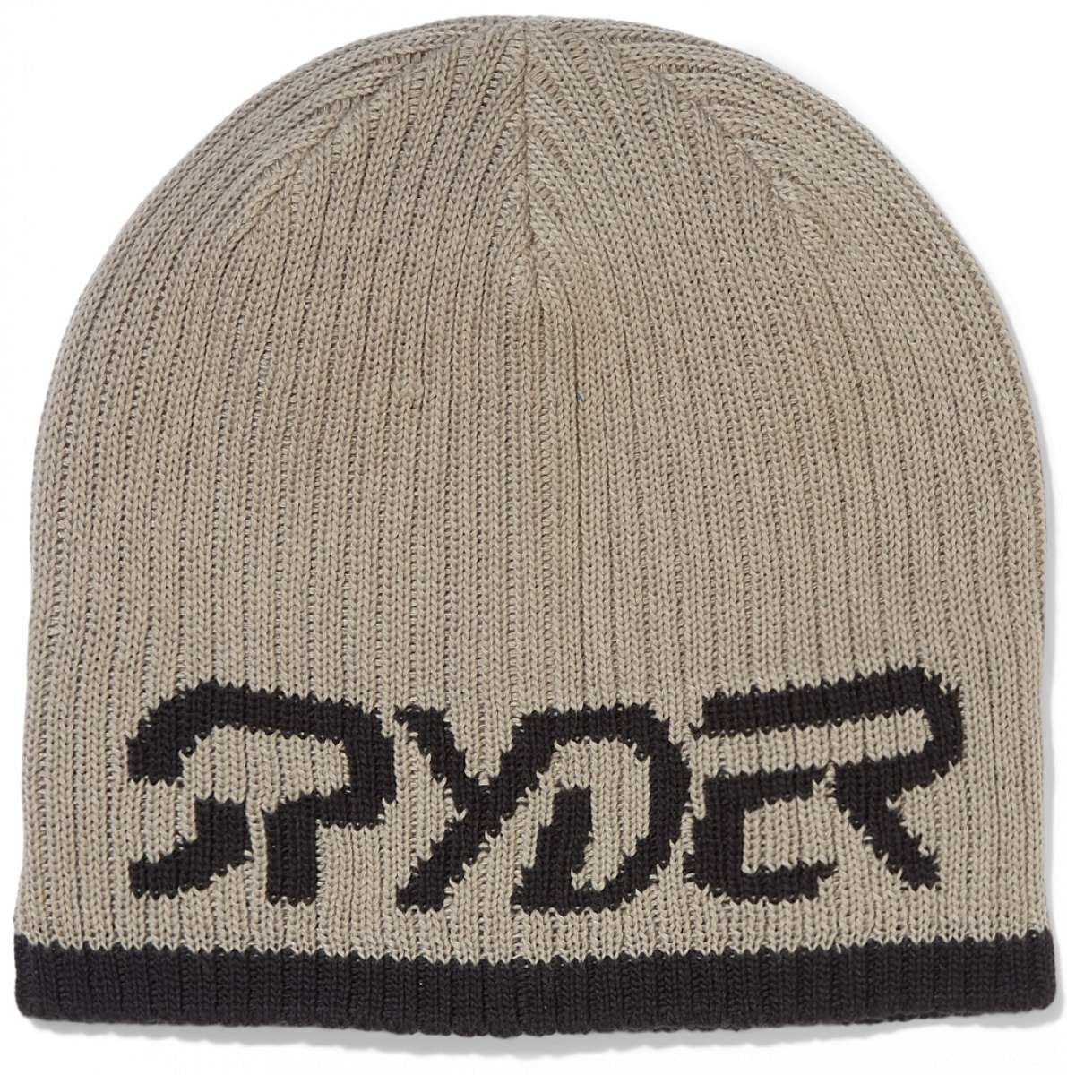 Spyder Logo Hat 2024 - A tan beanie with a black Spyder logo on the front.
